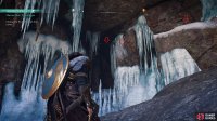 Youll need to use the edge of the wall surface to enter the cave through the ice.