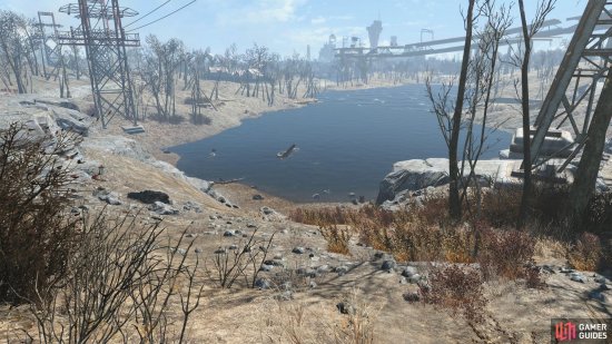 In a lake to the southeast you’ll find a crashed vertibird.