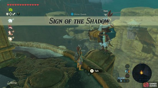 Trigger the Shrine Quest by talking to Kass atop Gerudo Tower
