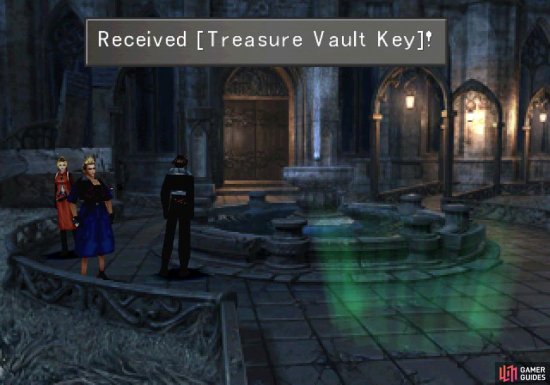 Find the Treasure Vault Key in the courtyard near the fountain
