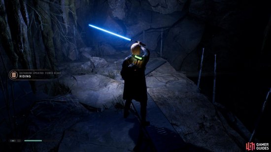 Use your Lightsaber to brighten the cave and collect the Hiding Force Echo from the ground