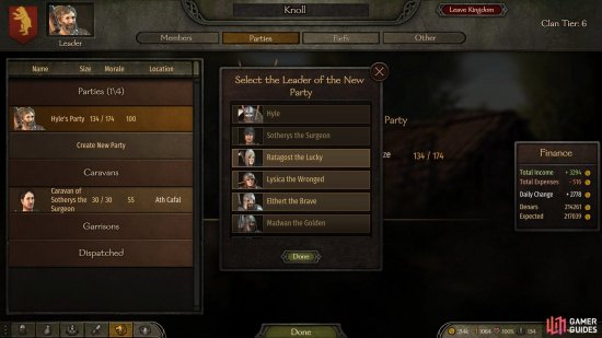 Select the Parties tab in your clan menu to choose a companion that will lead a new party.