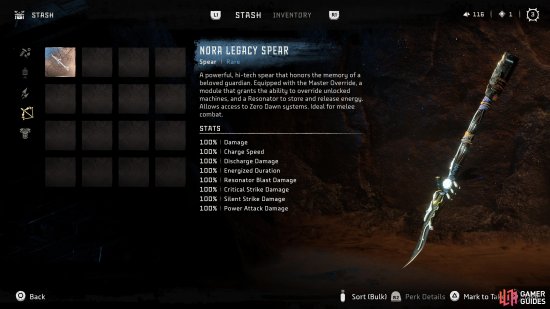 The Nora Legacy Spear is under weapons.