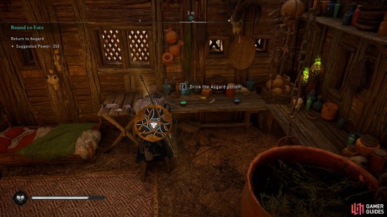 Youll need to drink the potion in Valkas hut to return to Asgard.