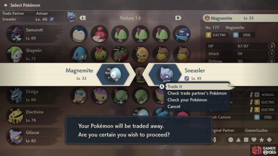 Before accepting the trade, you can review your or your trading partners Pokémon.