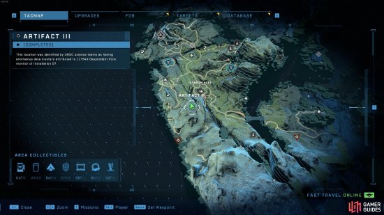 The location of the third artifact in the southwestern part of the map.