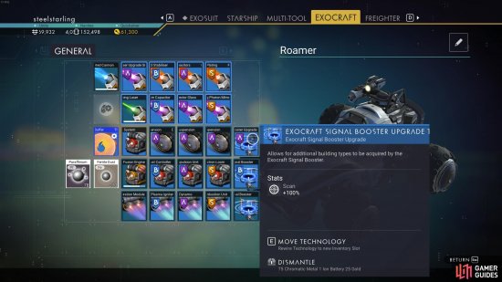 You should place upgrades of a similar type next to each other in the Exocraft inventory. A coloured border around upgrades of a similar type indicates additional stat boosts.