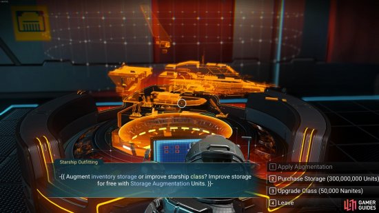 At the Starship Outfitting hub, you can upgrade the class tier of your ship with Nanites, or increase inventory slots with Units.