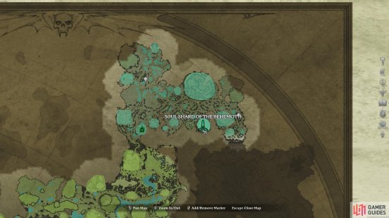 The location of the Lair of the Behemoth, in the southeast of the Cursed Forest.