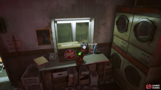 The Super Spirit Detergent can be found sitting by the window in the laundromat
