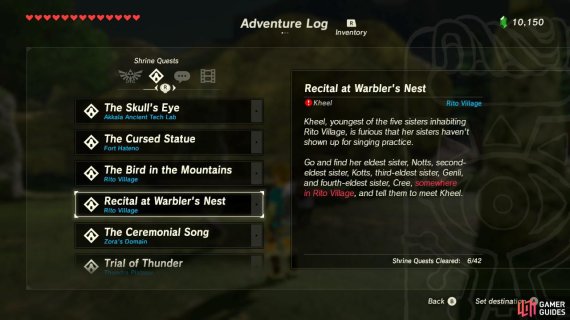 Recital At Warbler S Nest Shrine Quests Quests The Legend Of Zelda Breath Of The Wild Gamer Guides Watch the video explanation about the legend of zelda: recital at warbler s nest shrine
