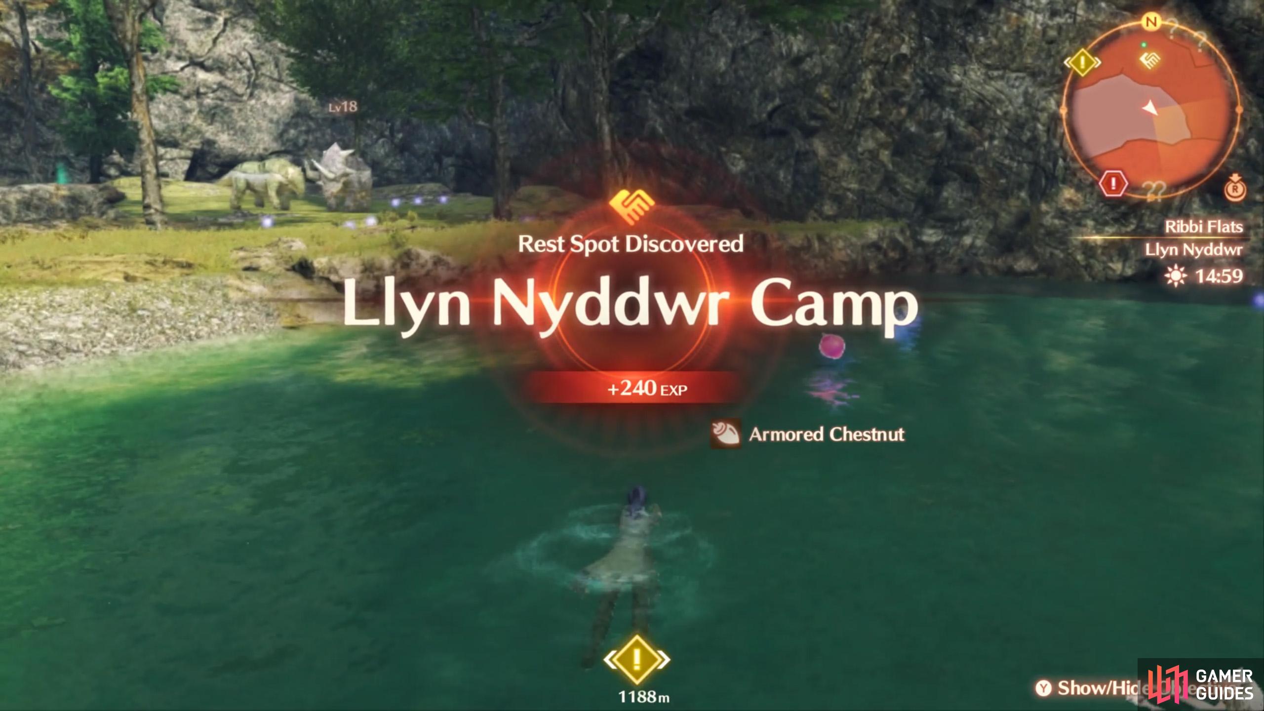 Halfway towards the story marker, you can rest at this camp.