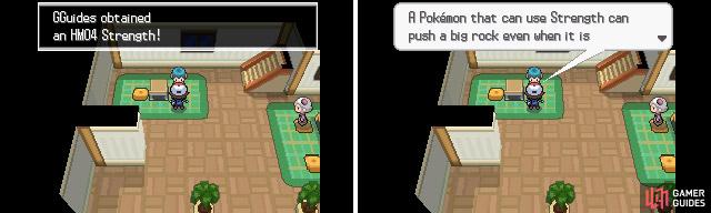You can acquire HM04 Strength in the house north-west from the Pokemon Centre.