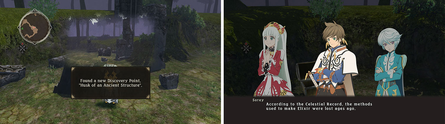 To the south of the discovery is a chest with an Elixir (left), which will automatically trigger a skit (right).