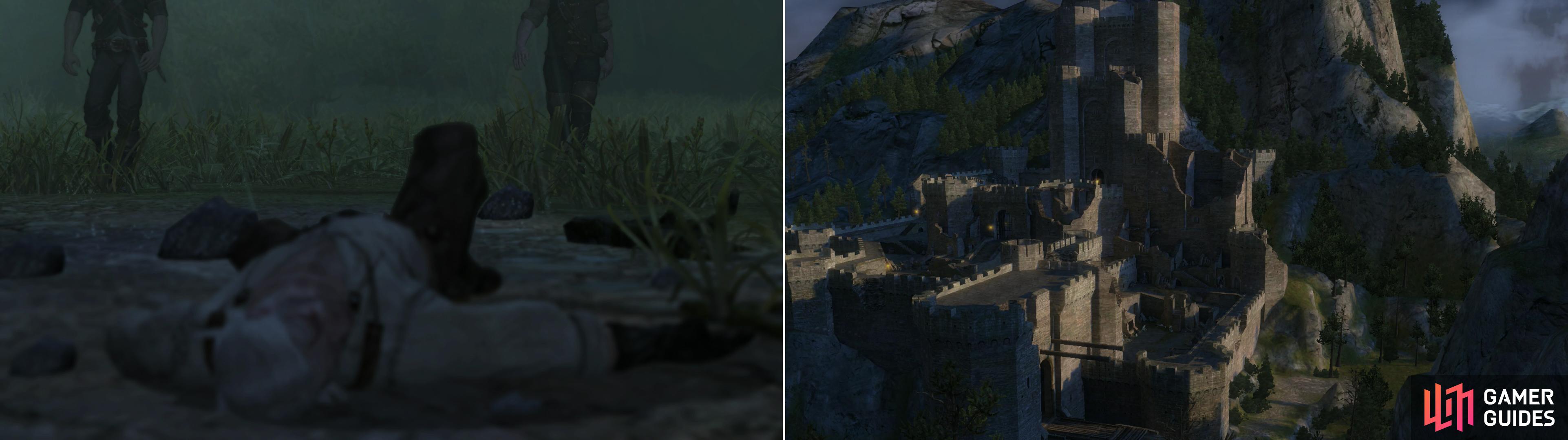Pursued by the Wild Hunt, an exhaused Geralt collapses (left) and is brought to the fortress of Kaer Morhen to recover (right).