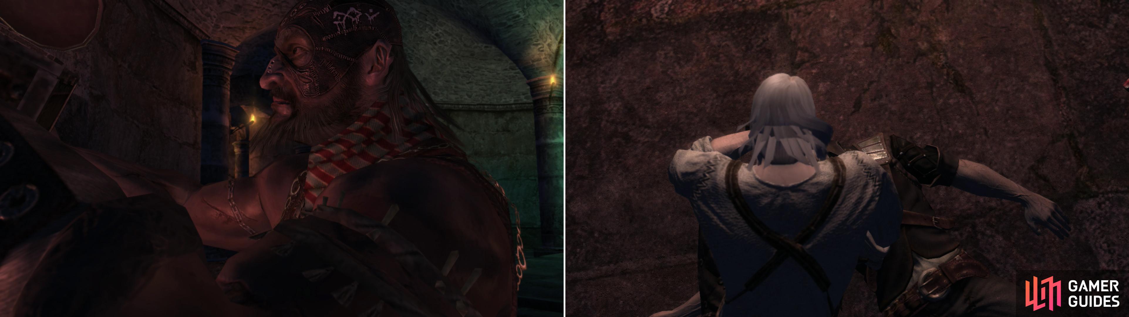 The mysterious mage leading the assault finds what he's looking for (left), and Leo, not quite a Witcher yet, can not parry bolts in flight (right).
