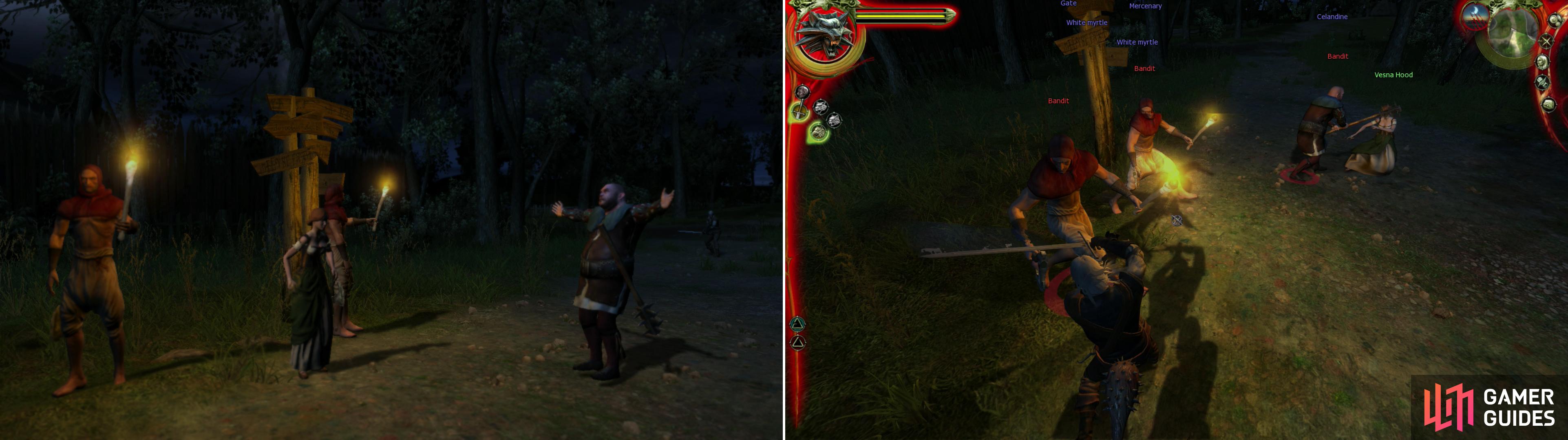 If you wander around at night (after talking to Vesna in the Country Inn) you'll find that she's been found by a bit of trouble (left). Teach these jerks not to rape, Witcher-style (right).