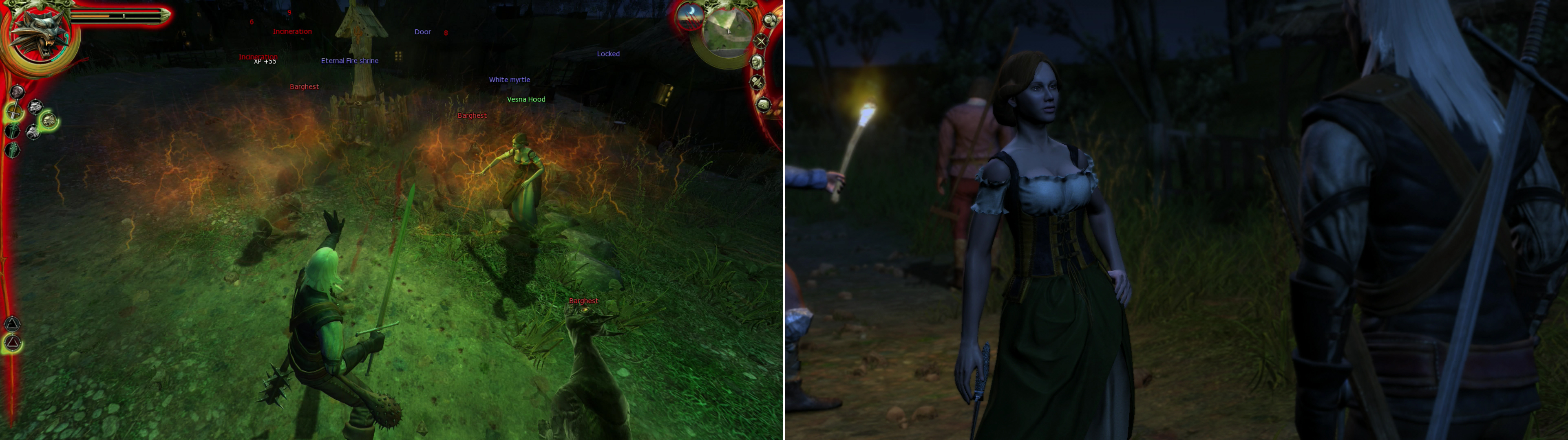 Her humanoid assailants might be dead, but walking around the Outskirts at night isn't exactly safe (left). Do the gentlemanly thing and escort Vesna home-after all, aren't Witcher supposed to protect people from monsters? Asking for a date afterwards, however, is optional (right).