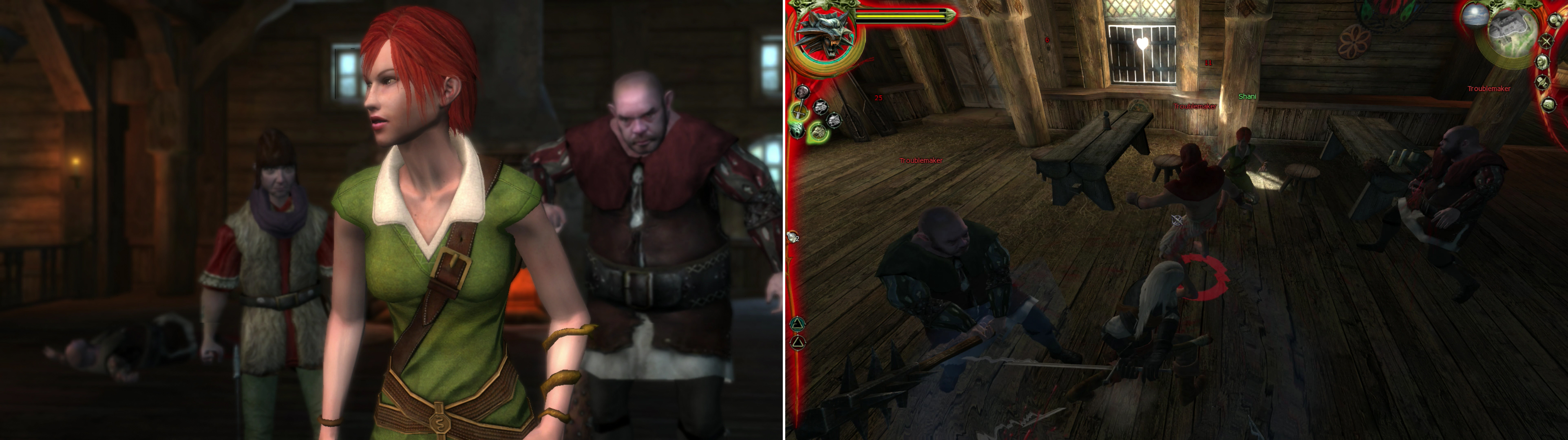 Another day, another woman threatened in the Outskirts (left) to which Geralt has only one response (right).