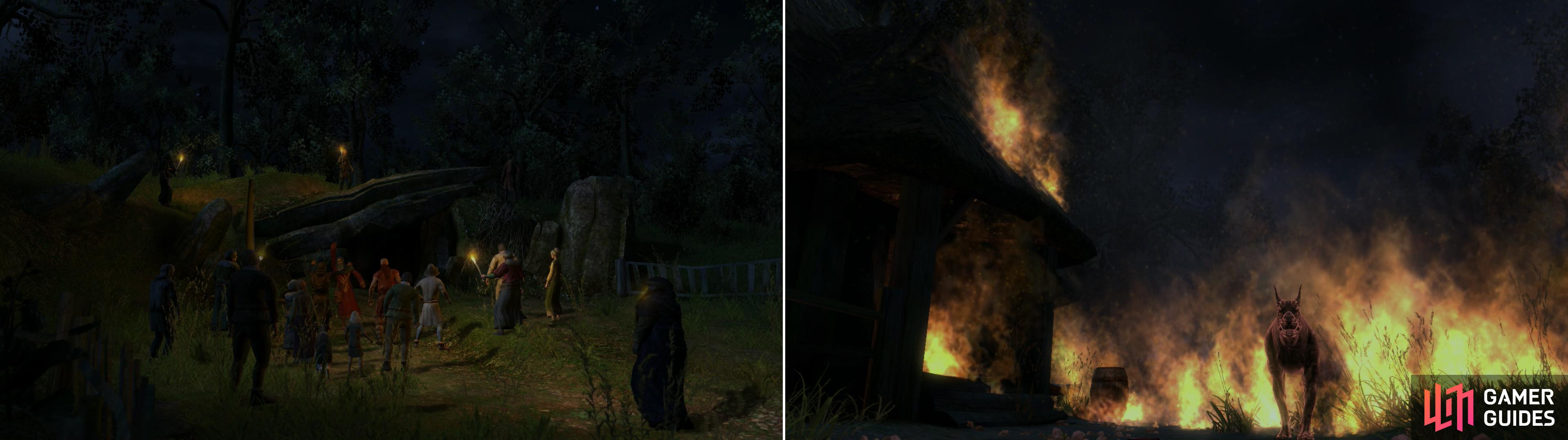Outside the cave, the Reverend has whipped up the villagers into a frenzy that can only be quenched by the blood of Abigail, their chosen scape-goat for The Beast, which was actually summoned by their own crimes (left). After dealing with the mob-one way or another-you can finally confront The Beast (right).