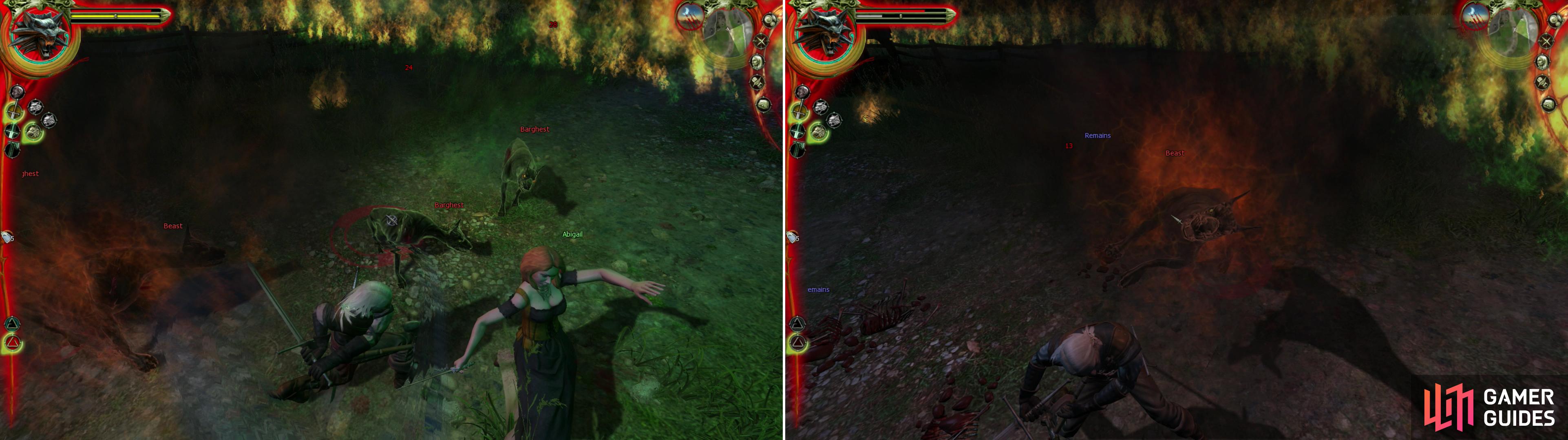 Depending on what actions you took earlier, either the townsfolk, or Abigail will join you during the fight against The Beast. In the latter case, deal with the intial Barghests The Beast summons (left) then turn you attention to The Beast (right).