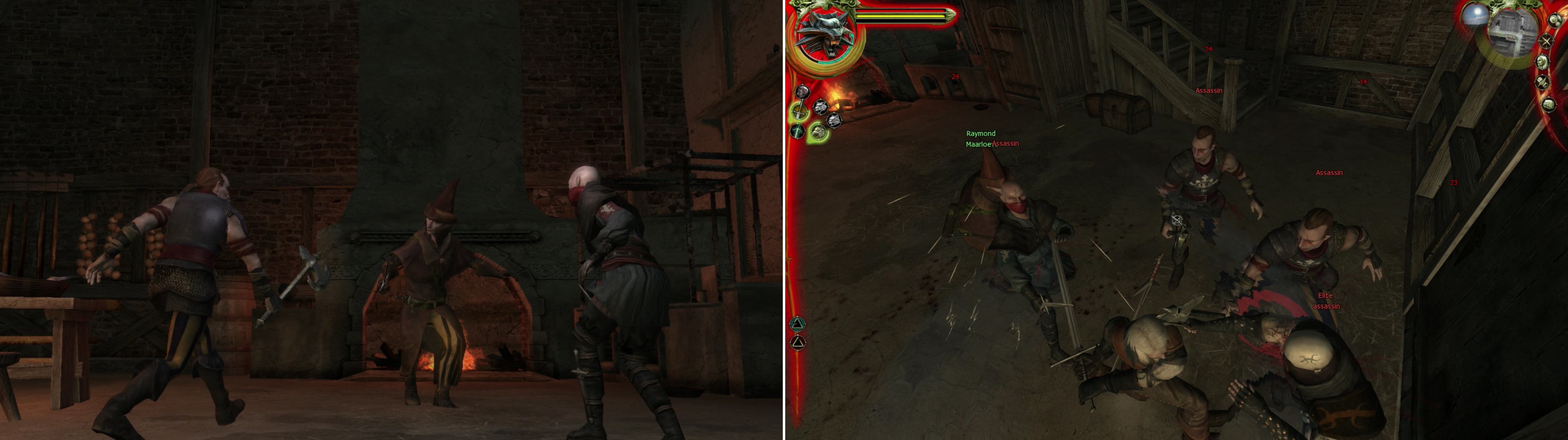 Visit Raymond to find him beset by Salamandra assassins (left). Fortunately hes got a Witcher ally with a good sense of timing on his side (right).
