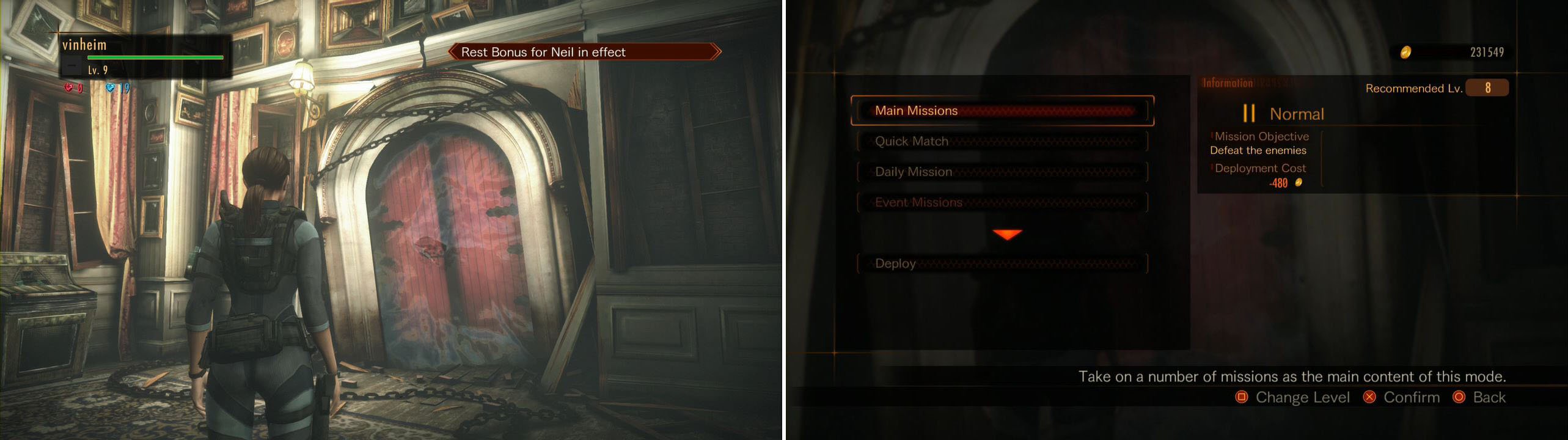THE Red Door that allows you to play the Missions (left picture). A list of what you can do when you approach it (right picture).