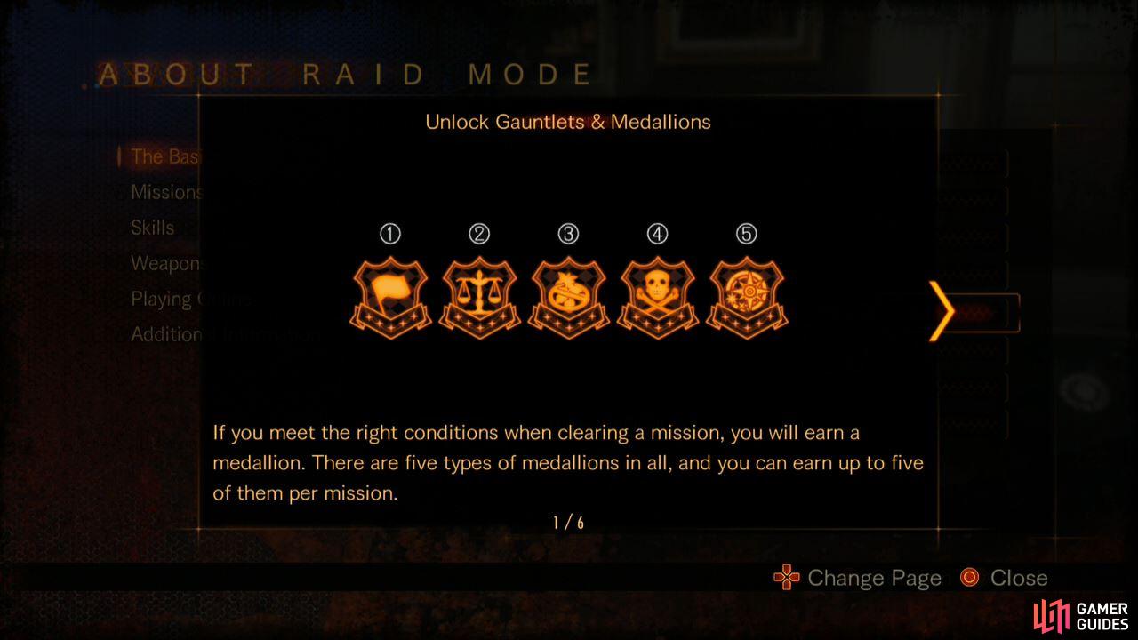 The five types of medallions for the missions. Explanation below.