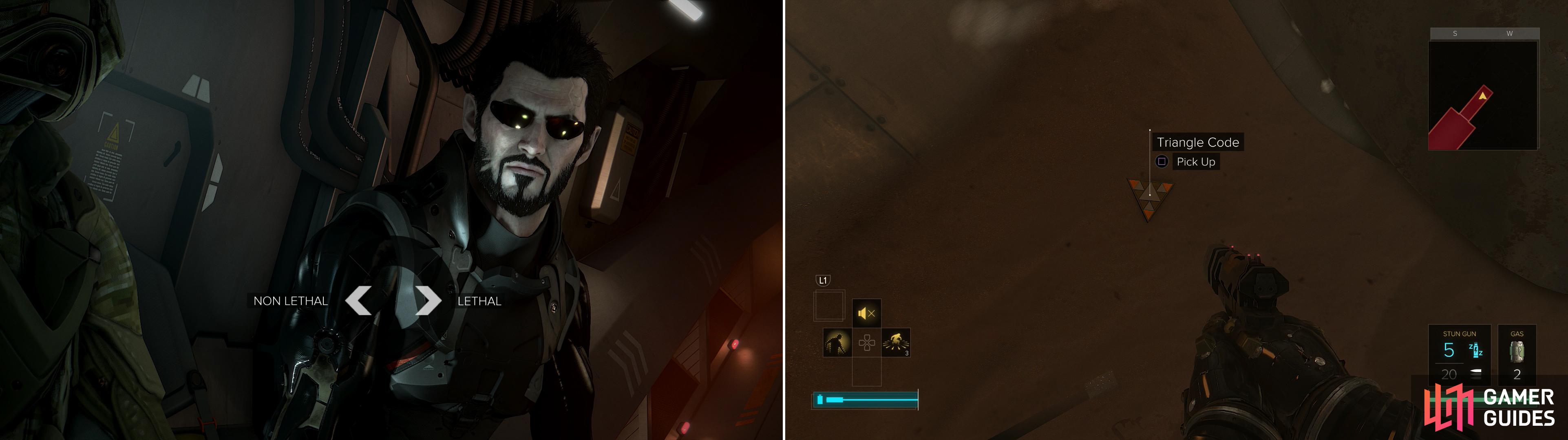 Choose your weapon preference - lethal or non-lethal (left). Search an airshaft to find Triangle Code #1 (right).