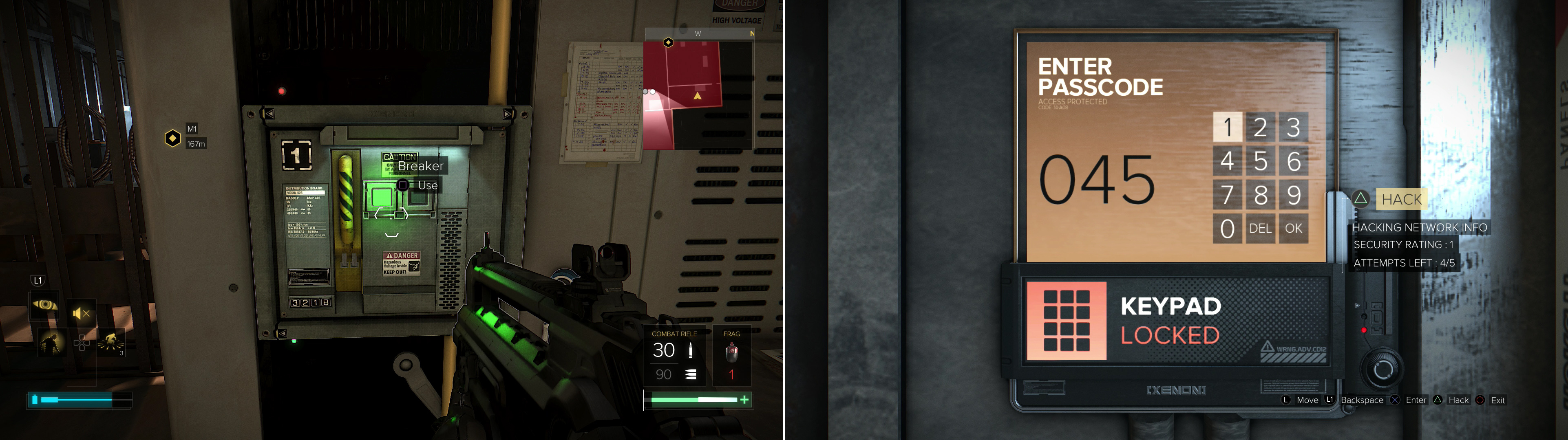 Flip a breaker to restore power to the Keypad (left). Enter the code "0451" into the Keypad to get the trophy/achevement "A Heated Combination" (right).