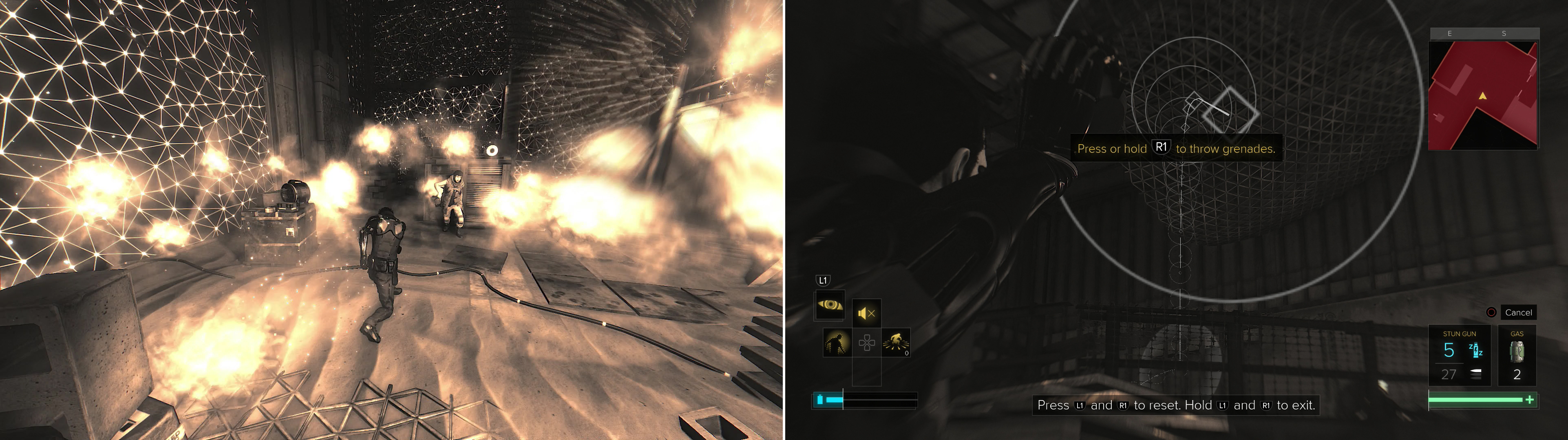 A combat tutorial will let you play with the "Typhoon" augmentation (left) and grenades (right).