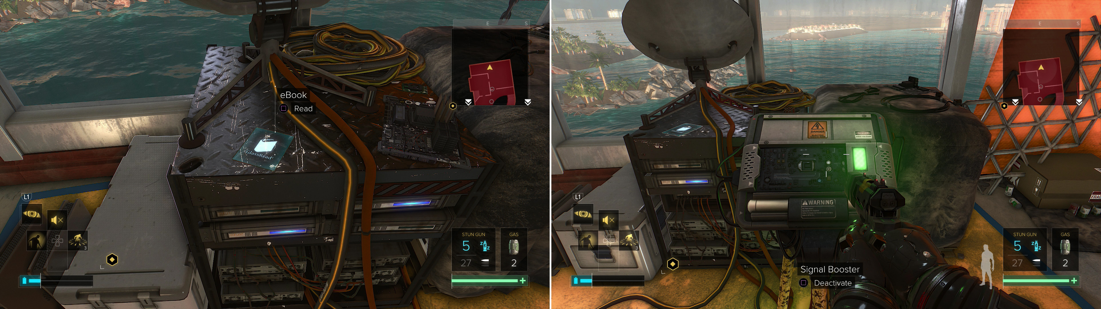 Infiltrate the penthouses to find an eBook (left) and the Signal Booster (right).