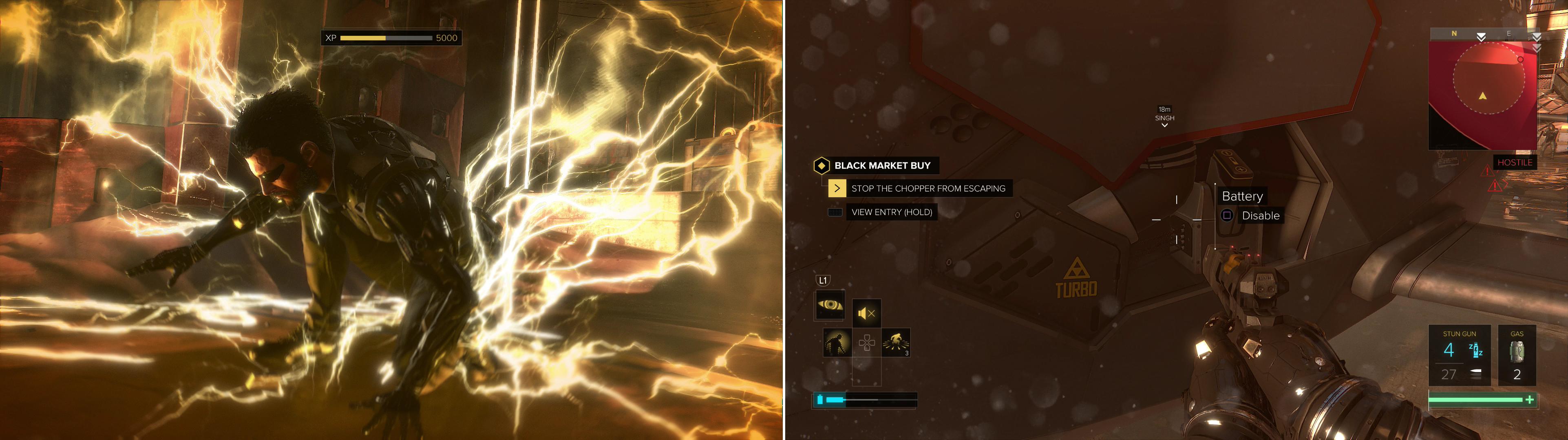 Get the drop on one of the gold masked augs with the "Icarus Landing" augmentation (left). Rush to the helicoptor and pull out the battery to complete the mission (right).