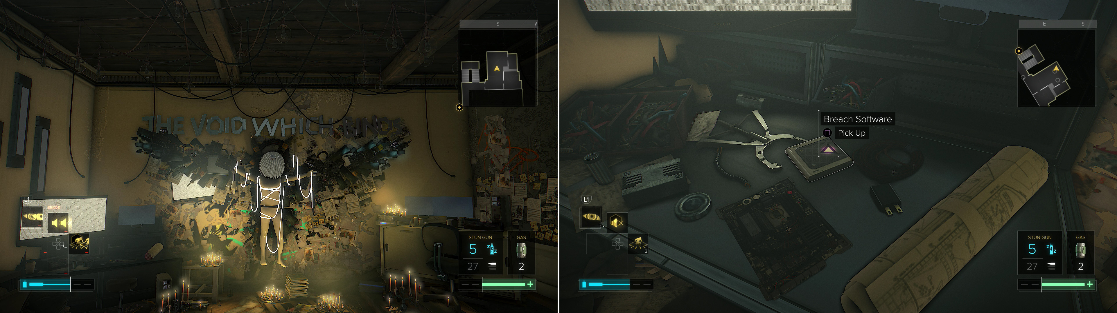 The unsettling wall decoration betray's the password of the man in apartment #14 (left). Be sure to grab Breach Software #29 while you're here (right).