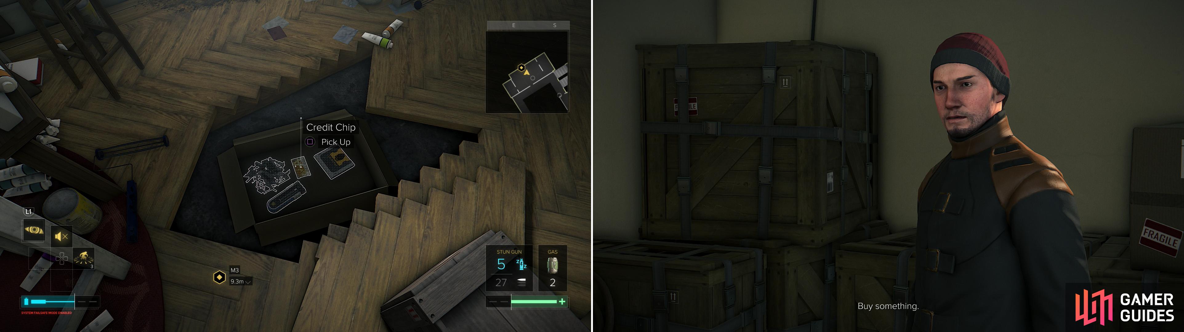 In apartment #32 you can find a hidden stash (left). Tars dwells in apartment #21. He might not be too nice, but he'll buy junk you find (right).