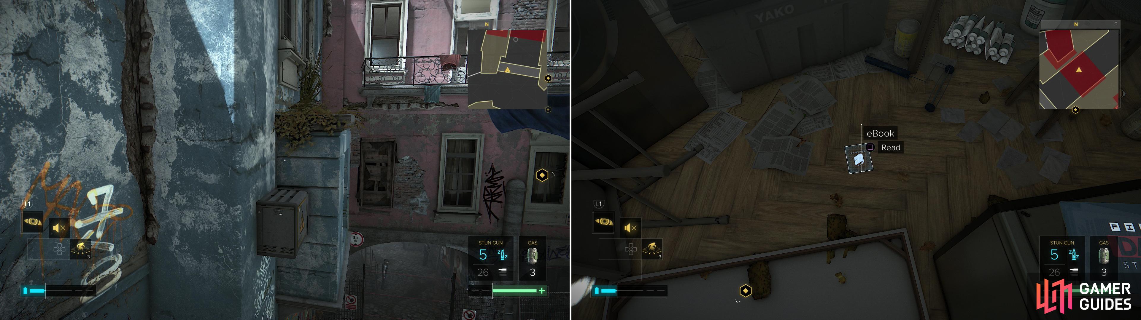 Climb up a lift and jump over to a balcony adorning a pink apartment building (left) inside of which you'll find a way forward - and a variety of collectibles (right).