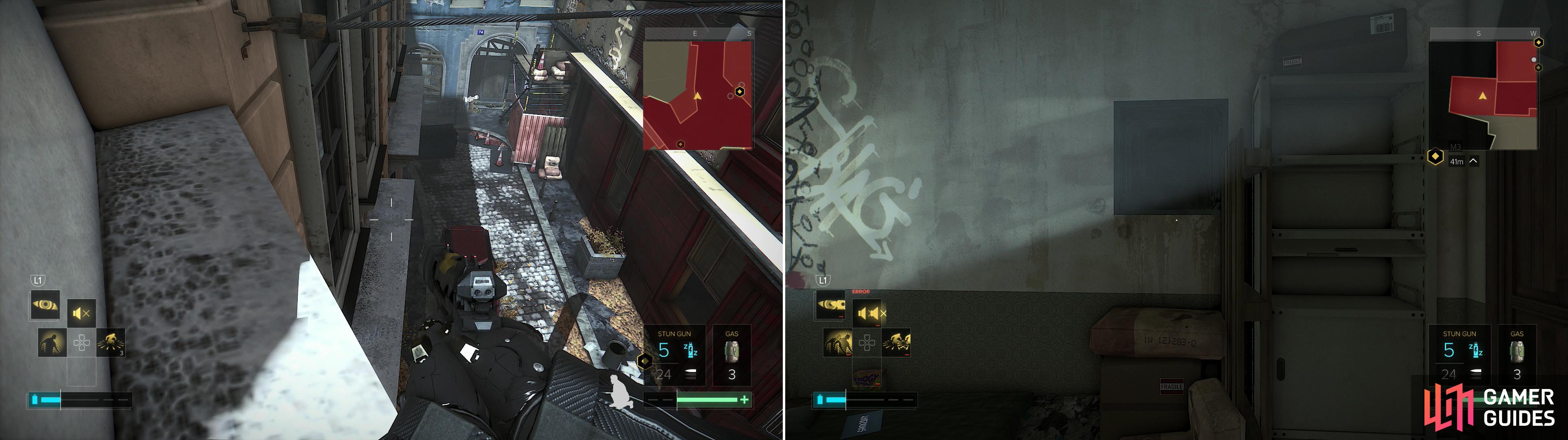 Use various ledges to bypass the Dvali Thugs (left) and enter a building at the end of the street to find a vent leading into The Time Machine (right).