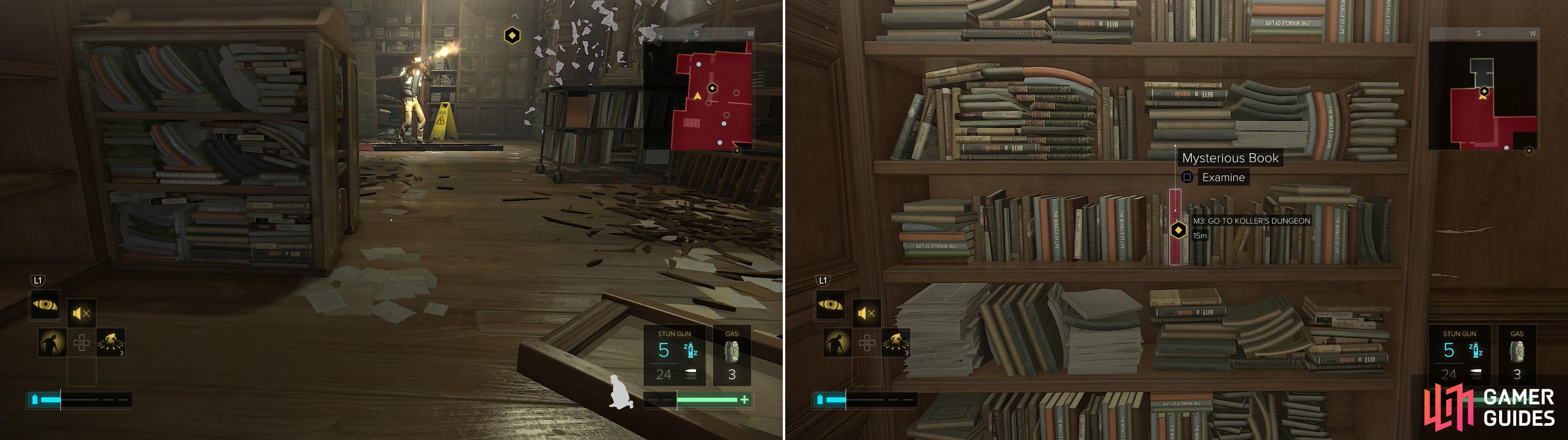 The Dvali Thugs are busy vandalizing The Time Machine, giving you a chance to sneak past (left). Examine the red book in Koller's office to find a way into his lair (right).