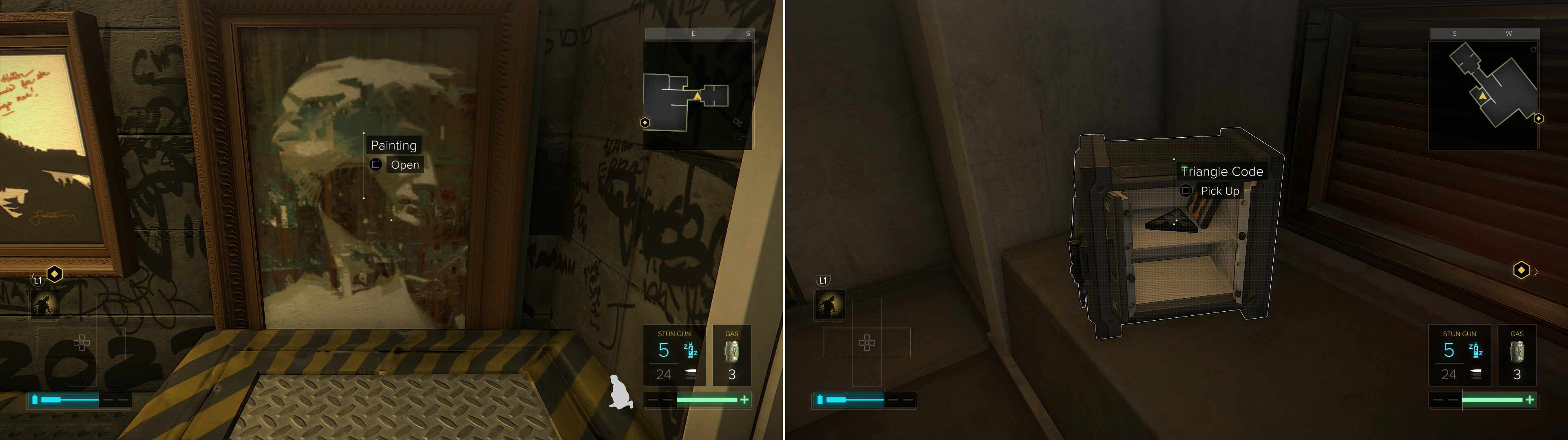 Move a painting out of the way and enter a gas-filled chamber beyond (left). Gain access to Koller's safe to score a Praxis Kit (right).