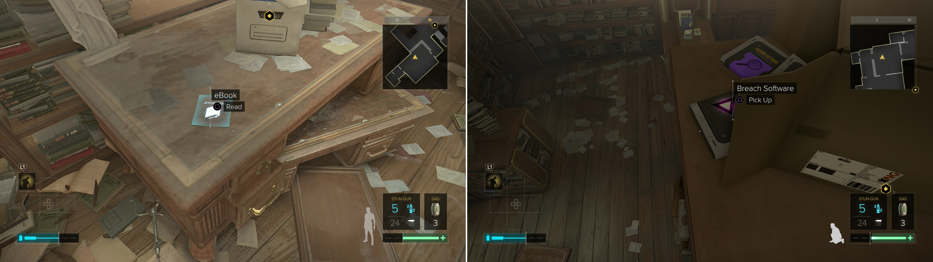 After meeting Koller, the Dvali Thugs will have left and you can pick up several collectibles unmolested (left). The hard-to-find unit of Breach Software #30 is near an over-turned box atop a bookshelf (right).