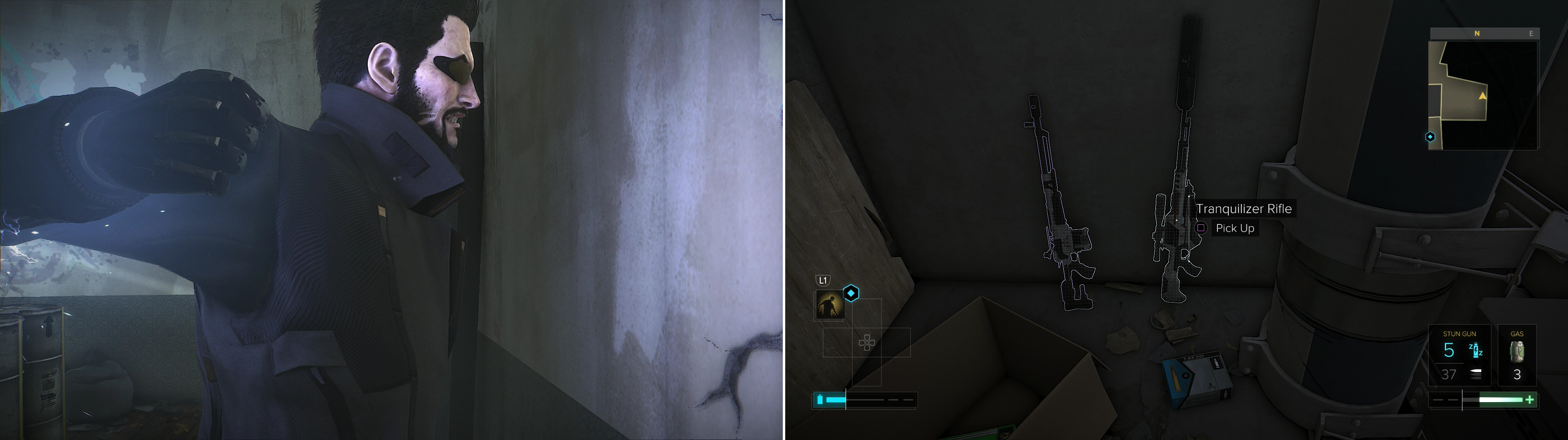 Use your reacquired augmentations to punch a hole in a wall (left) to find a Tranquilizer Rifle and other goodies (right).