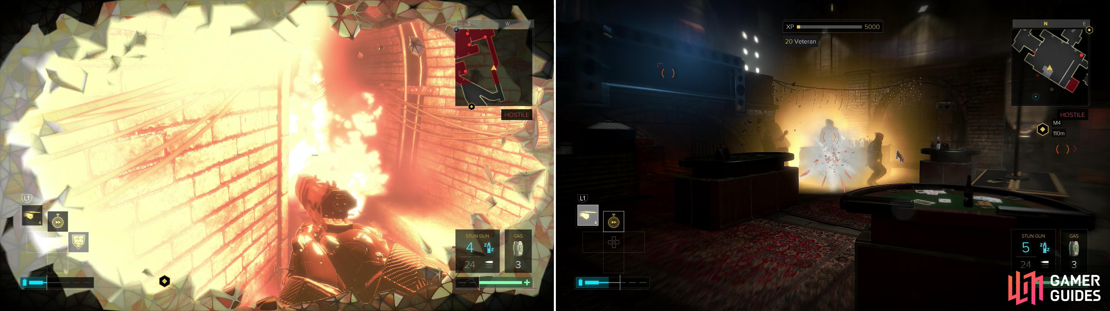 Hug an explosive with the "Titan" augmentation active to earn a trophy/achievement (left). Charging up your Nanoblade to strike tree enemies while the "Focus" augmentation is active will earn you another (right).