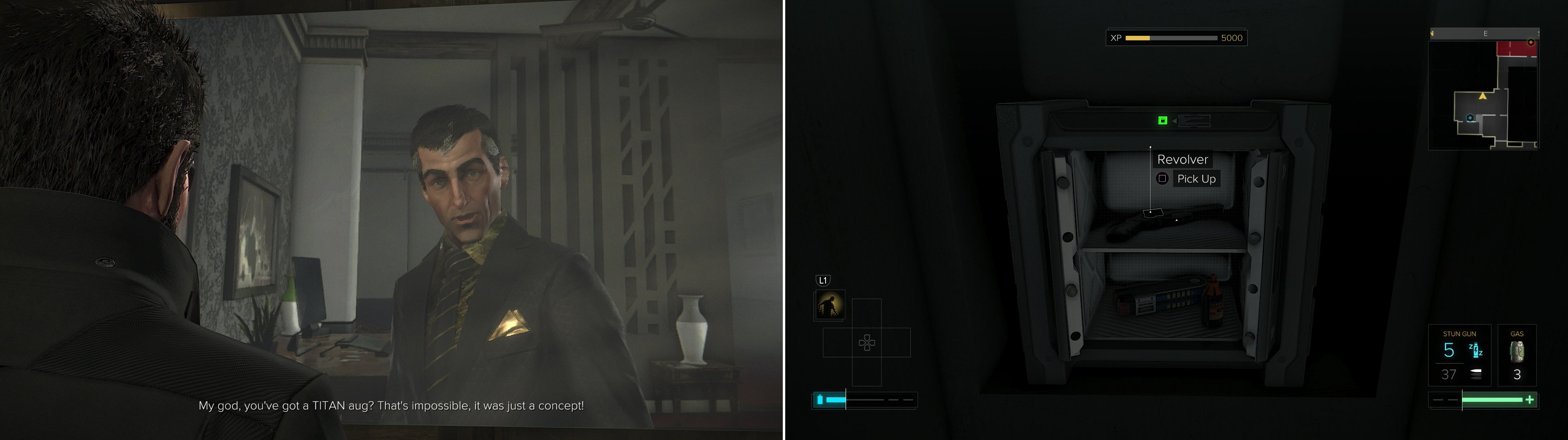 Confront Sarif and ask him about your mysterious augmentations (left) then go grab a bit of loot you couldn't grab the first time around (right).
