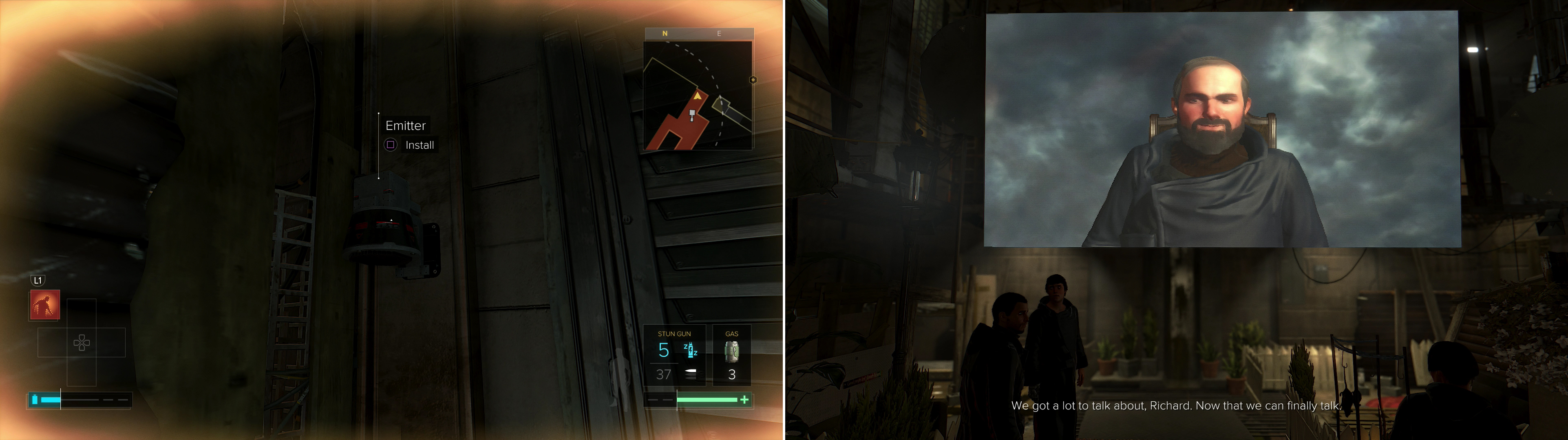 Plant the Scrambling Devices to neutralize Richard's Emitters (left) then, with your faculties restored, confront Richard in a war of words (right).
