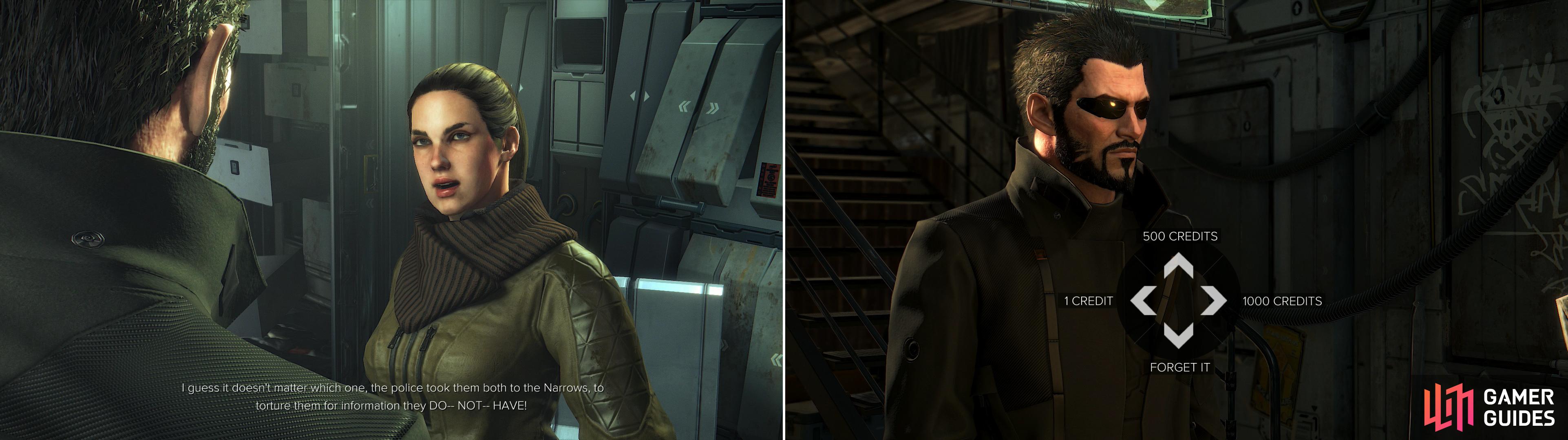 Visit the contact's house to learn a bit of bad news (left). Bribe the police officer guarding the prison to get to speak to Tibor Sokol (right).