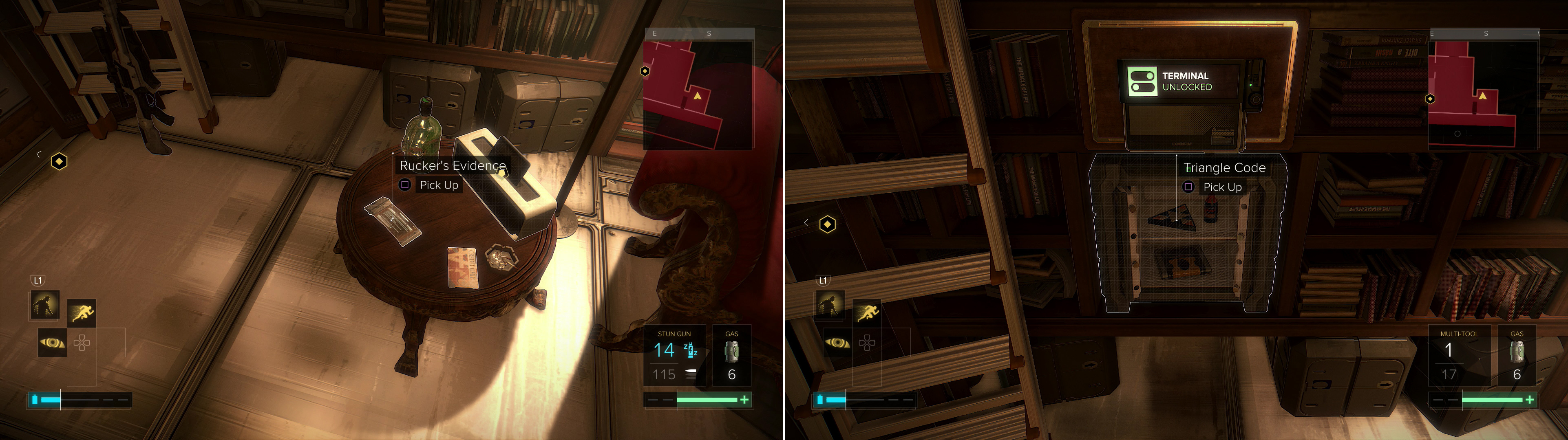 Pick up Rucker's Evidence (left), then loot his safe to find a variety of goodies (right).