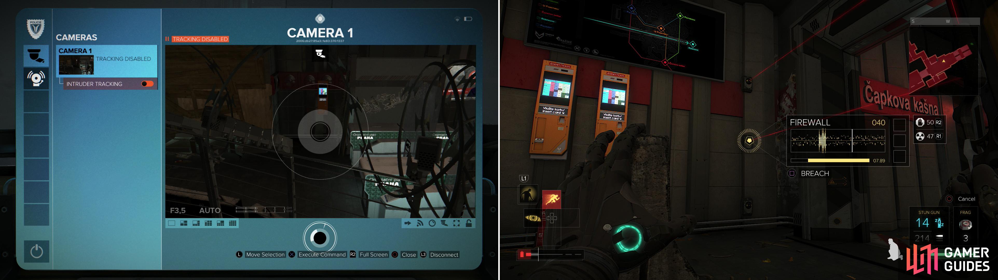Hack a security computer and disable the camera in the Capek Station (left), and after you take down a guard, Remote Hack the laser grid to clear the way (right).