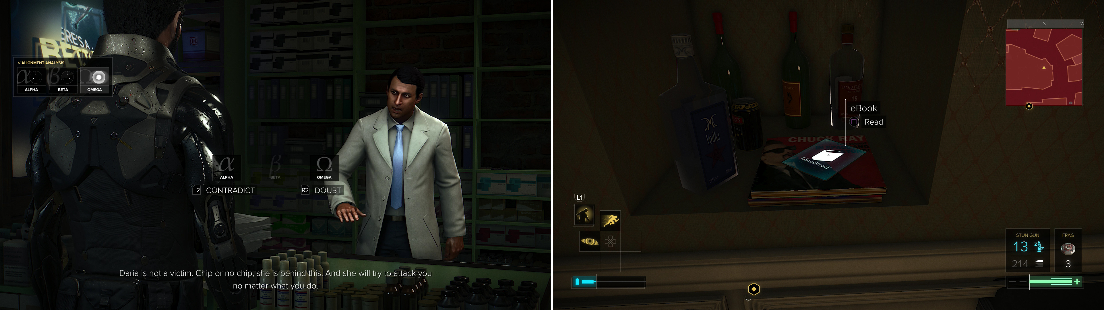 Use the CASIE to get Cipra to reveal his secrets (left) then head upstairs and loot the safe behind the refrigerator to find an eBook (right).