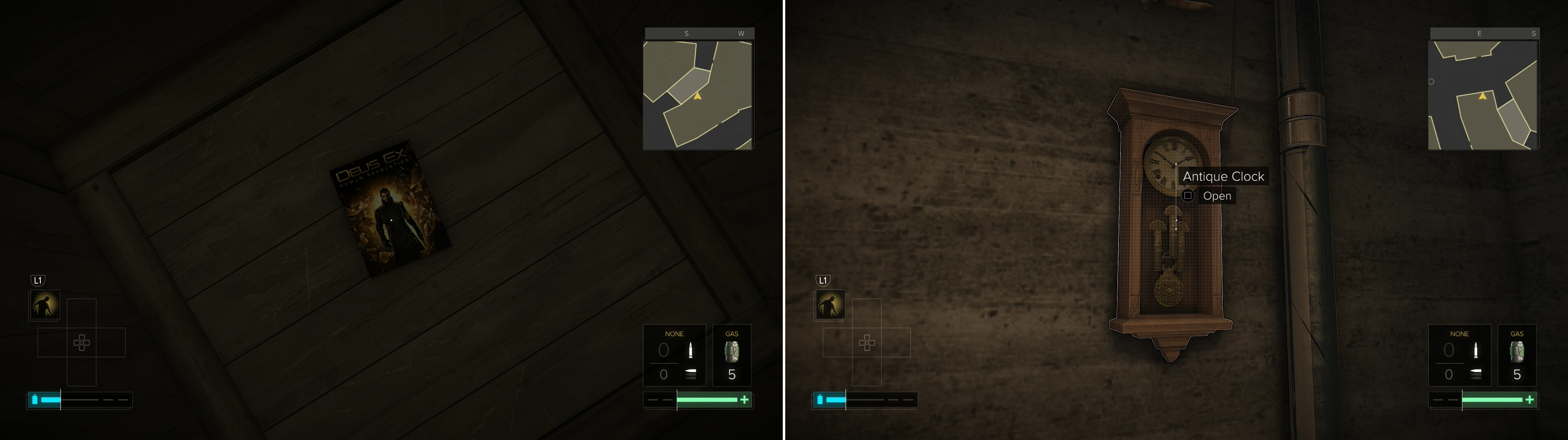 Find the Deus Ex: Human Revolution easter egg in the Future-Past Antiky shop! (left) In the same store, investigate an Antique Clock to open a secret passage (right).