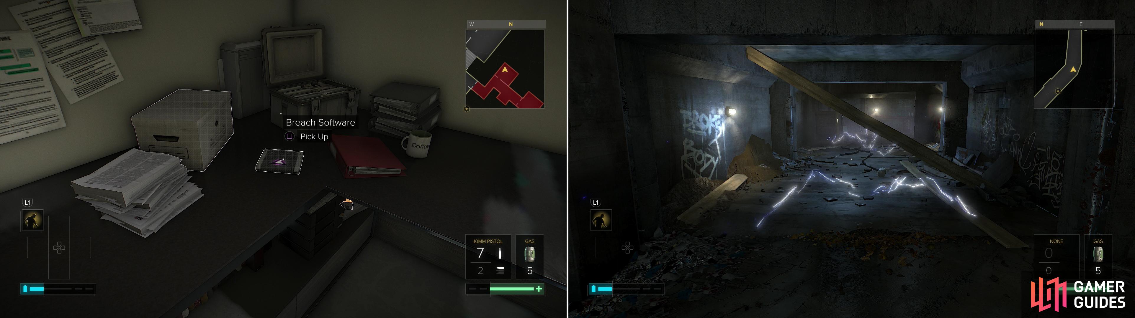 Grab some Breach Software from the security office in Pilgrim Station (left) then run through some electricity in the sewers below the station (right).